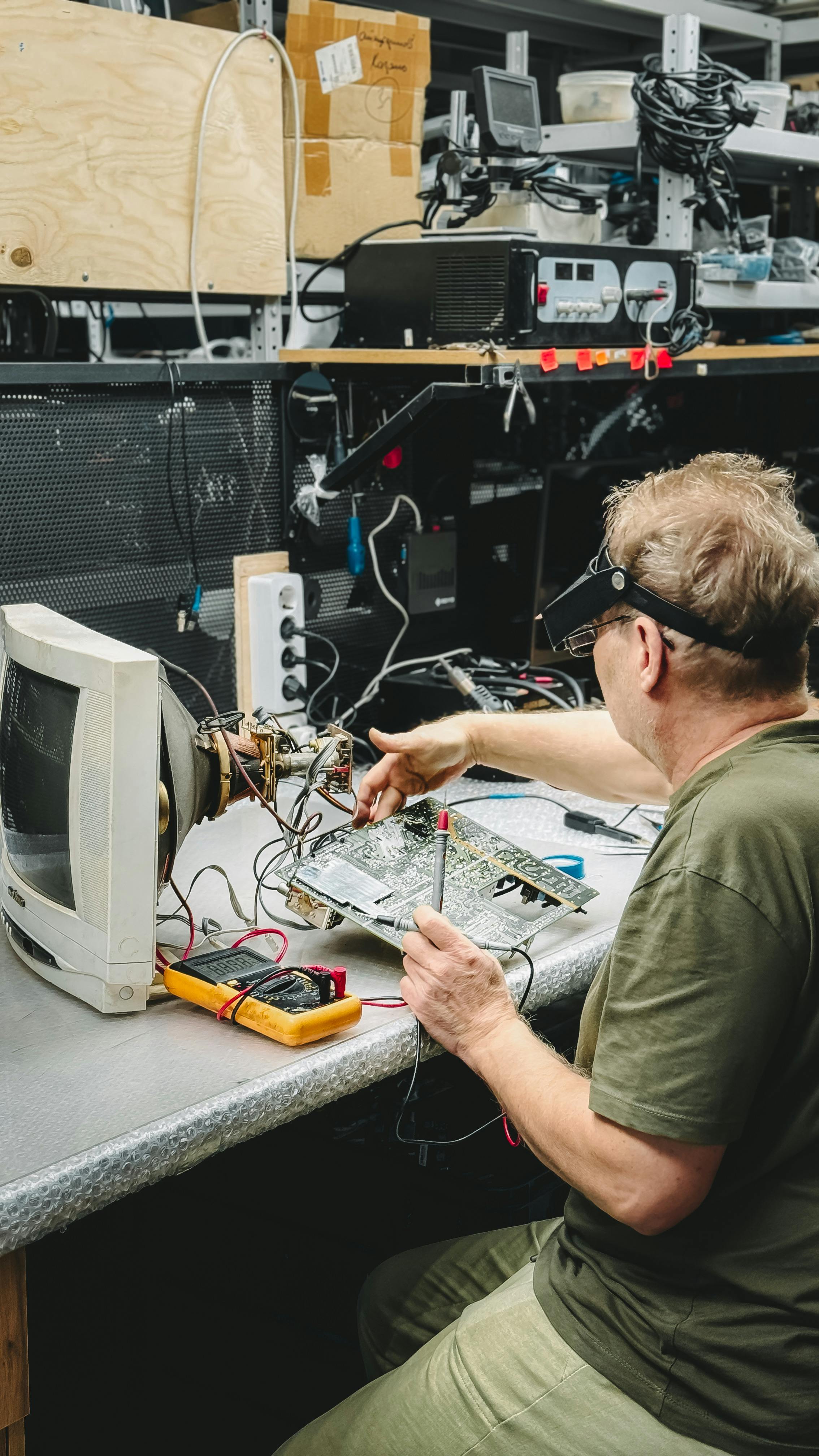 Technician repairing and testing an electronic circuit board